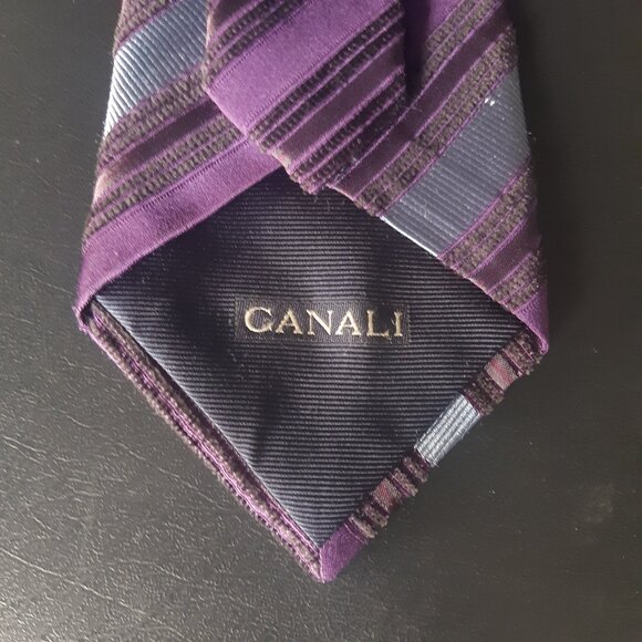Canali 100% Silk Men's Neck Tie, Purple & Grey Diagonal Stripes - Picture 4 of 12